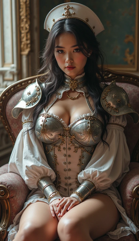 最high quality、high quality、Best image quality、8k、最High resolution、High resolution、最high quality、masterpiece、RAW Photos、whole body写真、Detailed and realistic human body、Detailed and realistic skin、Realistic face in every detail、Realistic reproduction of every detail、Detailed and realistic lips、Detailed and realistic teeth、Detailed and realistic ears、Detailed and realistic hair、Realistic reproduction of every detail、Realistic fingers in every detail、(Beautiful Hands、thumb１reference４)、Realistic feet down to the last detail、Realistic feet down to the last detail、Realistic breasts down to the last detail、((Beautiful Japanese Girl))、(Japanese Model), (Japanese women)、((18 year old beautiful girl))、(Black Hair)、(Random Hairstyles)、((whole body))、((Beautiful upward-facing breasts))、(Slim and perfect body)、(whole body光沢肌、Fair skin)、Detailed and realistic human body、Detailed and realistic skin、Realistic face in every detail、Detailed and realistic weapons、Realistic fingers in every detail、Detailed realistic feet、Realistic breasts down to the last detail、Soft natural light、Interior of a medieval European mansion、Interior decorated with artwork from the 1690s、 Inside a 1600s mansion、Classic Bedroom、Complex room、Classic interior、(Reflective Metal)、(Mirror Metal)、(Mirror-finished metal)、((Mirror Metallic(Metal body armor))