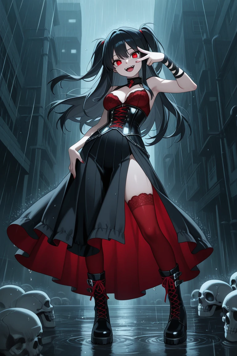 a female vampire (dancing: 1.3) in the rain during lightning storm, goth art, dark fantasy art, glamours (vampire: 1.5) model shot, RAW, award winning picture of a female vampire, dynamic hair color, dynamic hair style, pale skin, full body, busty woman, (most beautiful face: 1.3), (ultra detailed face: 1.2), long hair, wavy hair, pale skin, wet hair,  wearing lace dress, wet dress, dynamic color, dynamic style dress, (intense detailed dress: 1.3), wearing intricate high heels, light make up, modern day high society street in a (lightning: 1.3) storm heavy rain, sense of glorified sensation in the storm, (anatomically correct: 1.4), (full body shot: 1.1) , vibrant, Ultra-high resolution, High Contrast, (masterpiece:1.5), highest quality, Best aesthetics), best details, best quality, highres, ultra wide angle, 16k, [ultra detailed], masterpiece, best quality, (extremely detailed), Intense Gaze, goth person, dark person