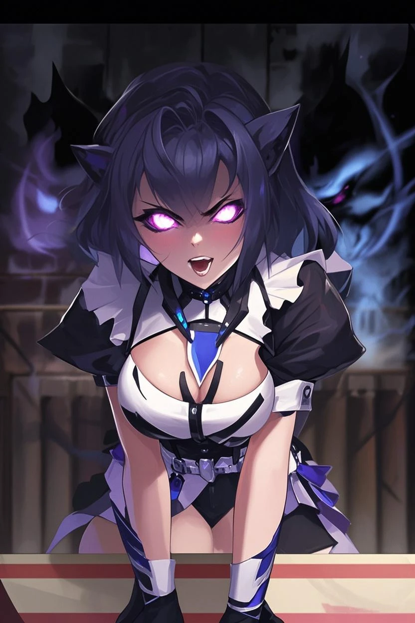 16K, hd, light purple hair, big breasts, yellow eyes, wolf ears, Height 175cm, wearing dark clothes, smiling, good anatomy