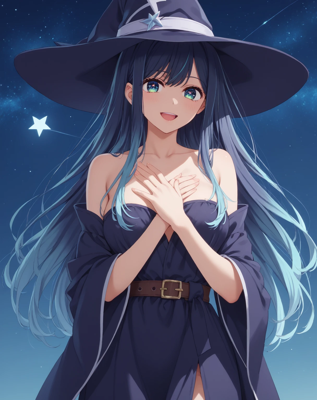 A smiling girl in an illuminated open-air bath on the roof at night、Woman wearing a large black witch hat with sapphire accessories、Wearing a ribbon around his arm、Completely naked、nude