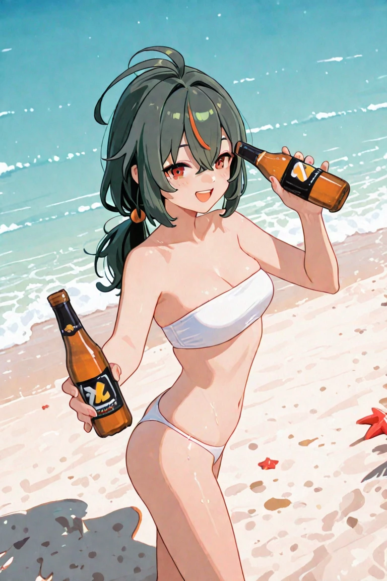  (masterpiece, best quality), lum,1 elven girl, ( bare breasts, thigh),  (light blue hair, twin tails ,very long hair is fluttering in the wind), full body, hand on hip , hair between eyes, multi colored hair,hair flower ornament ,(blush, smile, aqua eyes), open mouth, holding, cleavage, swimsuit, cup, beach, holding cup, alcohol, mug, beer, gold beer, beer mug,
very long hair, twin tails ,aqua hair, multi colored hair, flower hair ornament, breasts, looking at viewer, blush, jumping , smile, aqua eyes, close mouth, bangs, beach ,seashore, palm tree, navel, cleavage, bare shoulders, large  breasts , strapless swimsuit, tiger print strapless  swimsuit ,full body,  strapless bikini, tiger print strapless bikini , pointy ears,  electricity, tiger print, strapless bikini, electrokinesis
