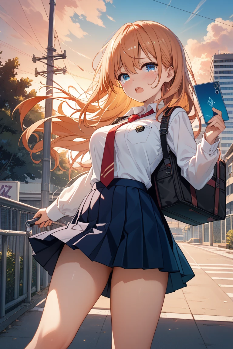 akizuki airi. oni chichi, masterpiece, highest quality, Very detailed, figure, Flat Color, Depth of written boundary, , , 1 girl, young, anime, Returning Home, full length, blonde, Twin tails, Looking at the audience, red pleated mini skirt, Wet white button-down shirt, , serafuku, Blue tie, black tights, See-through underwear,Small backpack, Fine leather texture, Detailed fabric texture, Beautifully detailed face, blue eyes, A light smile, Pink Panties