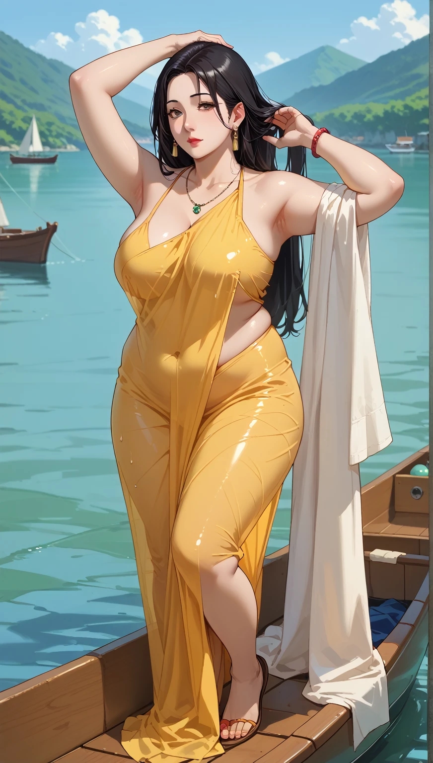 Nico Robin, Jennifer Lawrence,1girl,solo,breasts,sarong,eyewear on head,nico robin,long hair,cleavage,sunglasses,black hair,navel,midriff,crop top,day,print sarong,large breasts,blue eyes,finger to mouth,looking at viewer,outdoors,short sleeves,standing,swimsuit,bikini,shirt,beach,
best quality,masterpiece,illustration,an extremely delicate and beautiful,CG,unity,8k wallpaper,Amazing,finely detail,masterpiece,official art,extremely detailed CG unity 8k wallpaper,incredibly absurdres,huge filesize,ultra-detailed,highres,extremely detailed,beautiful detailed girl,realistic,