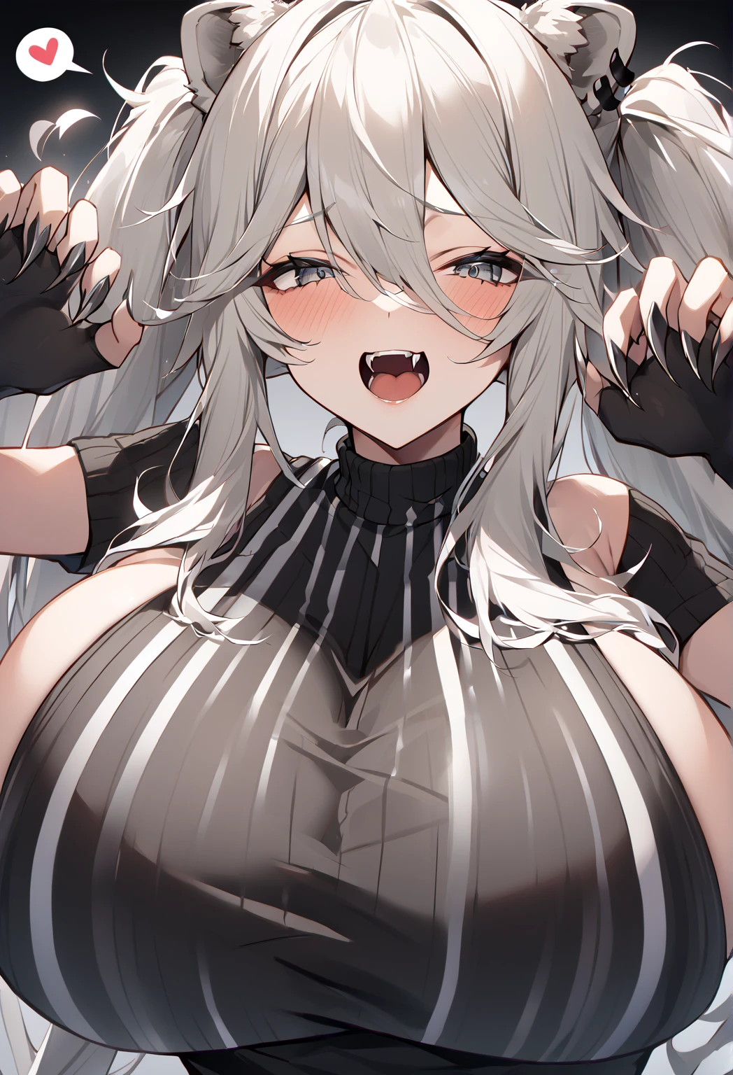 Shishirabotan、Black knitted clothes、Vertical sweater clothes、Black sweater、Huge breasts:1.5、sagging breast:1.5、1girl、portrait、spoken heart、face focus、straight hair、Twin tails、Slightly messy hair、White lion、claw pose