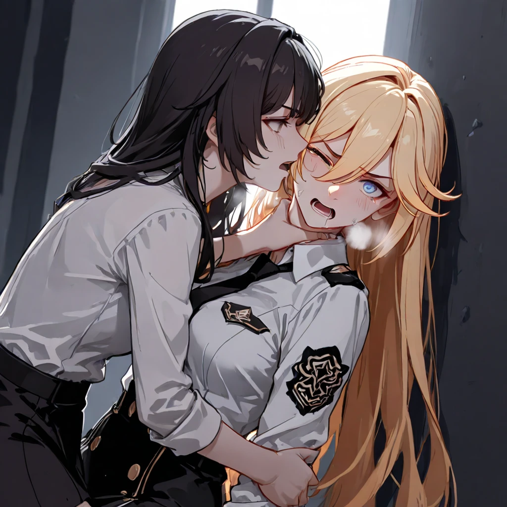 ddsister, long hair, two side up, wavy hair, grin, crop top, cropped shirt, black shirt, chest harness, suspenders, off shoulder, black jacket, open jacket, long sleeves, midriff, miniskirt, black skirt, thigh strap,(((spoken heart))),,,,(((dark room))),church,looking viewer,huge breasts,(sex with guys:1.5),from side,boots