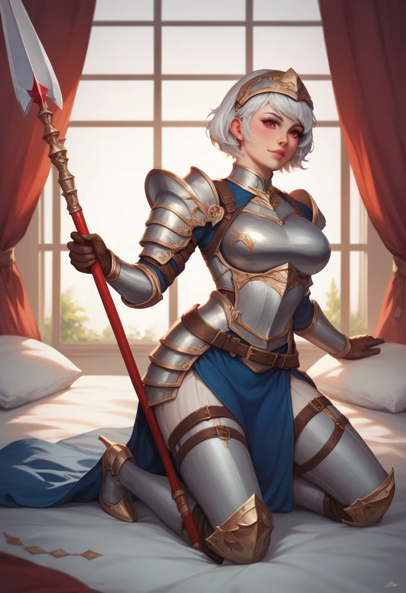 {best quality}, {very aesthetic}, {ultra-detailed}, {best illustration}, masterpiece,(((skirt lift:1.5))),((show off butterfly micro panties)),((Holy Knight)), ((Armor made from red copper))、((((Extremely detailed and intricately decorated armour:1.1)))),Red Cowboy Shot,Smooth udder、Big Tits、(Golden Ratio,Tabletop, Highest quality, Highest quality, Official Art, beautifully、beautiful:1.2), Very detailed, colorful,Best details,An illustration, Great scene, (Adult,19 years old,One Girl, alone, Final Fantasy 12,Asheria:1.5, Asheria:1.5, Asheria:1.5, short hair, short hair,Bobcut,Silver Hair:1.2,Asheria Costume:1.5, Asheria Costume:1.5, mini skirt,Knee socks, Thighs Thighs Thighs Thighs, gem, Blue Belt,Belt number 1),Course of action, A look of contempt ,