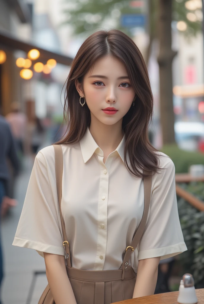 (8k, RAW photo, best quality, masterpiece:1.2), (realistic, photo-realistic:1.4), (extremely detailed 8k wallpaper),
professional lighting,
sharp focus, depth of field, blur background, bokeh,
full body,
Japanese high school girl, slender,
Shopping street,
Morning,
wave hair, brown long hair,
polo shirt ,mini skirt,
Joyful,