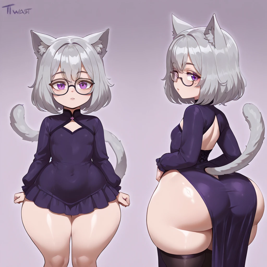 by bebebebebe, by goonie-san, by bigcozyorca, by buta99, solo, female, standing, feline, (((detailed eyes, black thick rimmed glasses))), plump, medium hair, ((snout)), tail, tuxedo cat, white hair, ((straight hair, medium hair)), yellow eyes, nude, nipples, ??????