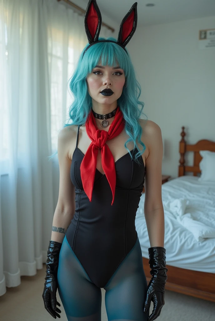 22 year old blue haired model, in a black dress, ready to go to the club, with black stockings