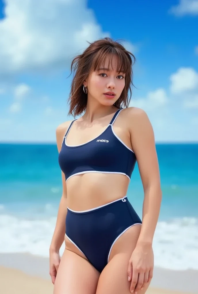 UHD, retina, masterpiece, ccurate, anatomically correct, textured skin, super detail, high details, high quality, award winning, best quality, highres, 1080P, HD, 4K, 8k, 16k、blue sea、Wide sky、Deep sandy beach、Cute Girls、(Swimsuit with little fabric and narrow:1.5))、Sunburn mark、Lay a sheet on the beach、Resting on the seat、Clearly defined pussy line:1.3、In heat, put your fingertips between your legs,