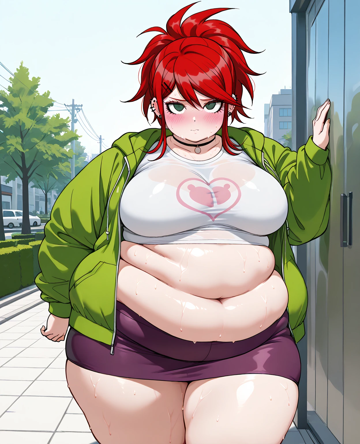 Personnage de Makila (chainsaw man), deux filles rousses cheveux rouges obèses qui se regardent avec amour dehors sous un ciel étoilé, sur une colline d'herbes, ventre gros et gras sorti, sexy, tendresse, visage fermé et sévères, visages très détaillés, joues potelées et gras, double menton. Elles ont un corps très gras, ssbbw, très belles femmes