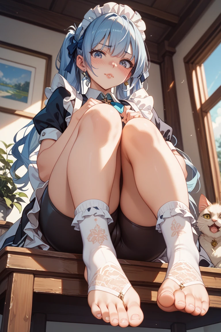Masterpiece level, highest quality, little loli, white sailor suit, small leather shoes, double ponytail, seated, full body, ((cute), sexy, long blue hair, large, ultra-see-through, (thighband pantyhose, white pantyhose: 1.3), miniskirt, (textured skin, anatomically correct, masterpiece, UHD, ccurate, high details, super detail, high quality, best quality, highres, 1080P)),outdoors,(,Skin radiance,Skin quality:1.6)(14 years old:1.3), (Loli), (Fair Skin, (Beautiful Girl: 1.5), (Skin Quality: 1.5), (Glossy Skin: 1.3), (Beautiful Girl), (Superb Body), Short Hair, (Straight Hair), (rose Hair), Hair with Beautiful Details, ((blurred))