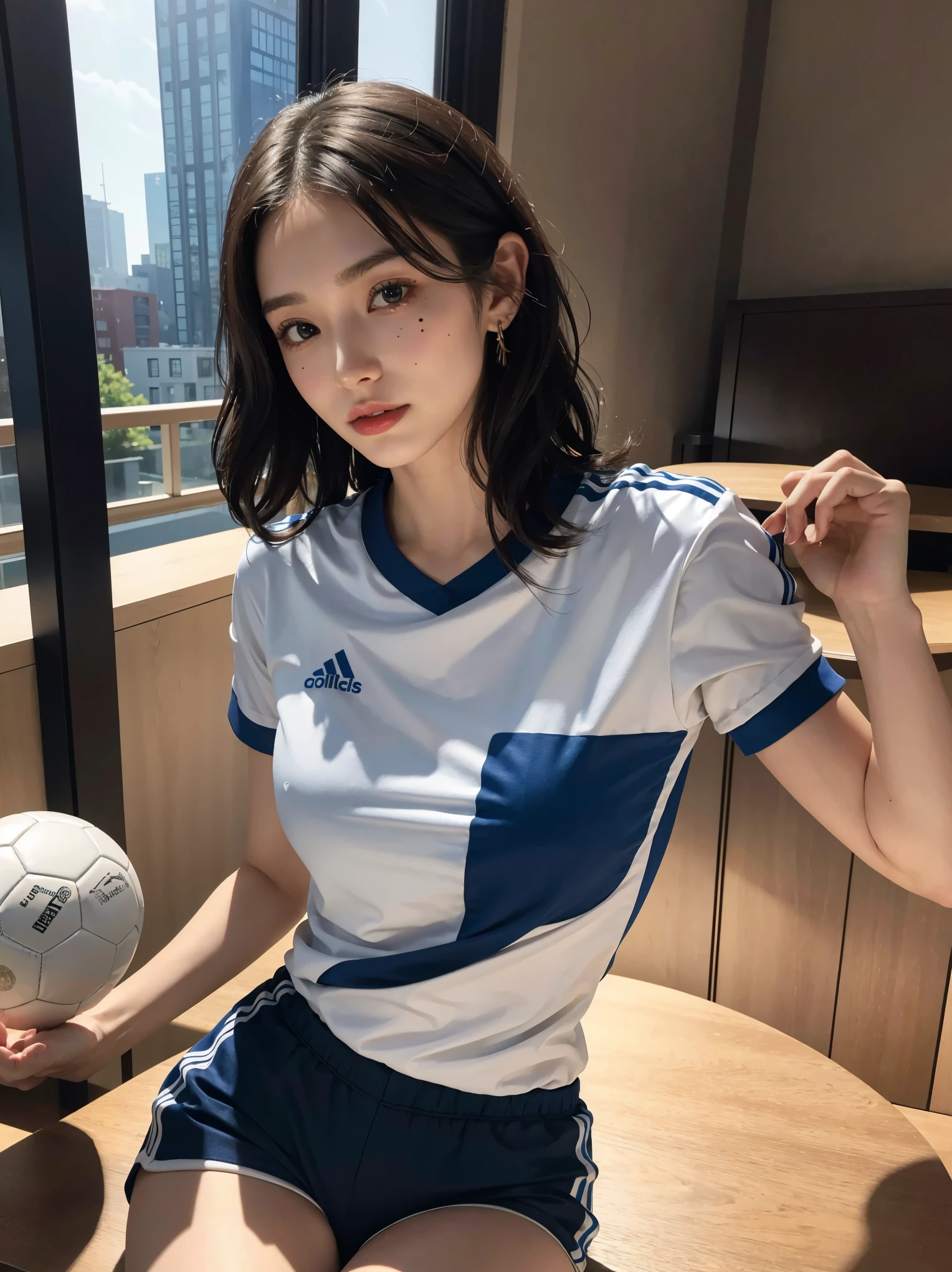 absurdres, RAW photo, extremely delicate and beautiful, masterpiece, Best Quality, ultra high resolution, 32k, hyperrealistic, ultra-detailed, detailed description, pale skin, 20 years old, detailed beautiful face and eyes, tearful mole, earring, Colossal tits, short medium hair, wavy hair, full body shot, alone, bare legs, volleyball uniform, tracksuit, shorts,