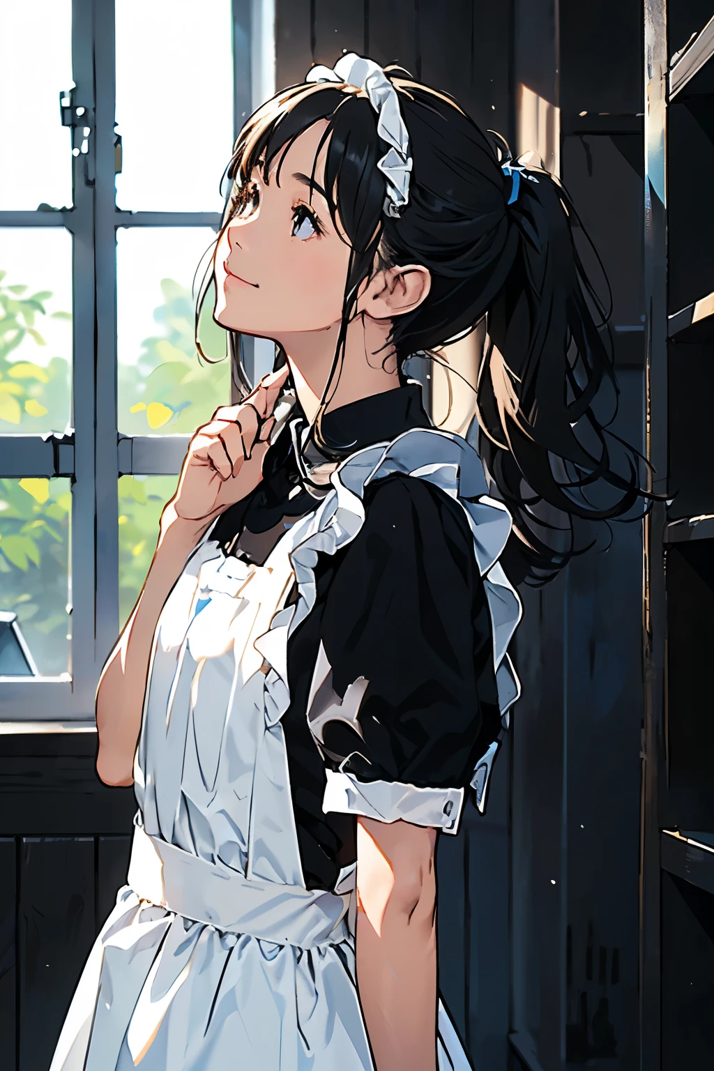 Focus on ultra-high resolution and high resolution、Best Quality Masterpiece。(((An accurate reproduction of the human body structure)))、(((Small Faces、small breasts、slender figure)))、 dark haired, ponytail, ((Maid Outfit、 Dark blue shirt、White Ruffle Apron)), (( in the closet、Reach to the upper shelf where a lot of clothes are hanging、Stand tall、Reach for the upper shelf、Side View 、upper body、profile、Look up)) 、Light from Window, Realistic depiction of wrinkles and shadows on cloth。clothing design、bright colors、high contrast、spotlight、 (( natural five-finger hand、Accurate feet))、high definition、 a little smile、Beautiful Face、