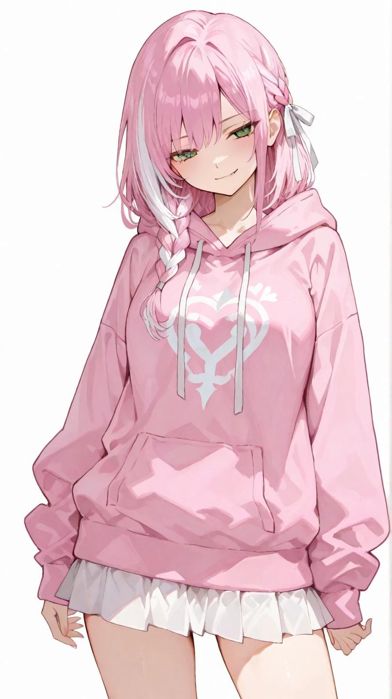 Girl with cat, short light pink cat, girl standing, wearing a dark red sweater, wearing baggy dark blue ripped jeans, real cat ears on top of her head the same light pink color as her hair, soft hazel eyes, smiling, HD image, RED HOODIE