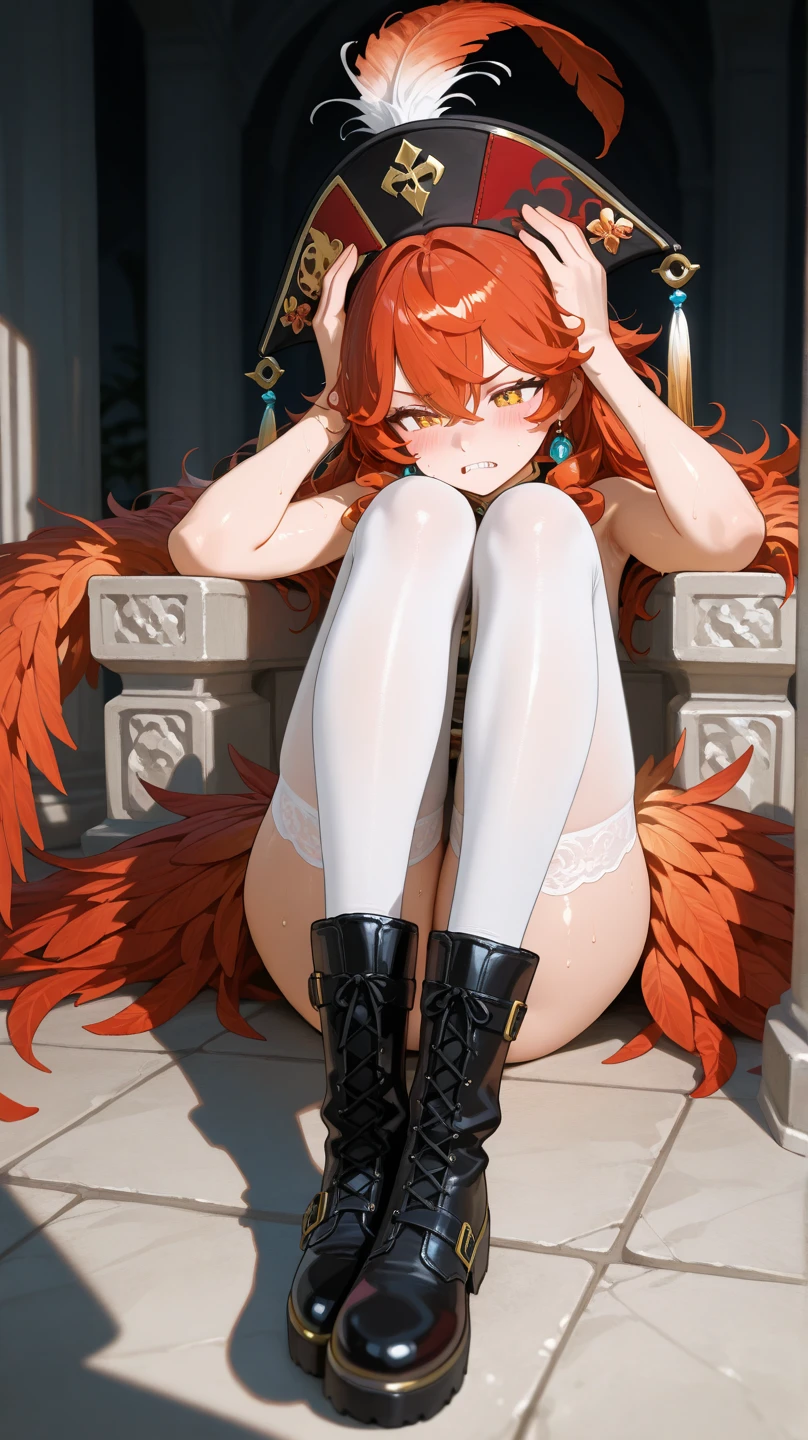 Red long hair, Tolerable, Masterpiece, Best Quality, high resolucion;,detail enhancement,best qualtiy,perfect image quality,Beautiful and sexy, One-person viewpoint, Small moles under the eyes , prety, large full breasts, perfect hand, perfect body figure, 8K, ,fluid flow in the legs, Fluids, Big breasts, pure white skin, Heavy makeup, pectorals, indoor room, A Smile, naked, Glamour, Wear a dog leash, Dog's tail, Sitting on the floor....., Puppy ears, sticking out their tongues