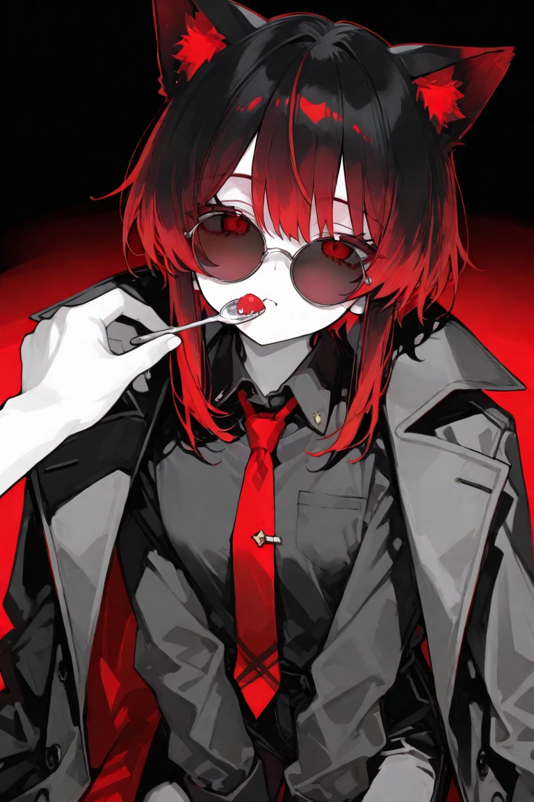 masterpiece, best quality, very aesthetic, absurdres, newest, 1girl, asymmetrical bangs, solo, solo, looking at viewer, short hair, shirt, red eyes, crazed expression, jacket, upper body, female focus, parted lips, glasses, collared shirt, blood, piercing, spot color, cup, holding cup, alcohol, mug, beer, beer mug