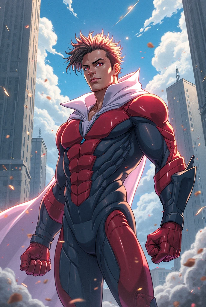 American classic comic book art: Male body, Angel X-men, handsome young man, short yellow-blond hair beautiful curls, wears technological bright red white helmet, tight white red hero bodysuit, white gloves, naked big butt, beautiful thighs, beauty tanned face, very young face , male body ,peach lips, white sleeves, tight red bodysuit, red male chest, prancing, white tech bracelets, spy, red stockings, nice showing butt, gold, ethereal comic book