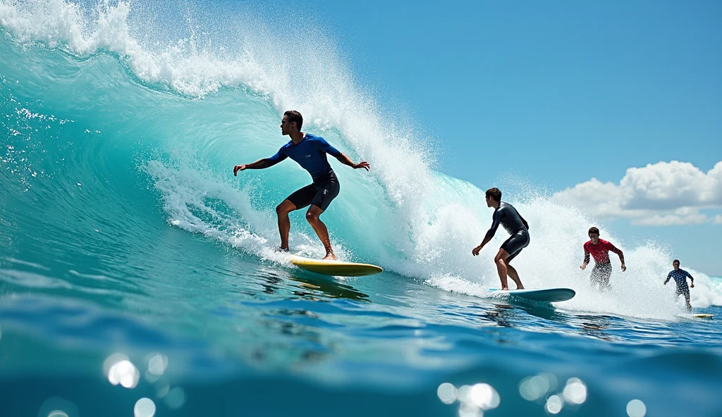 8k,8K resolution,2 Muscular Europeans, handsome man,charming eyes,rough real skin,beautiful, smooth and shiny,Full muscles,Thick body hair, (Wearing fashionable swimming trunks),big bag,emphasize,(Sea surfing),Two men smiling happily,Two people chasing each other while surfing on the sea,The waves are high,Rushing out of the waves quickly on a skateboard with both feet,Beautiful and professional posture,professional lighting,Professional photography,Realistic photos,realistic model,realistic art