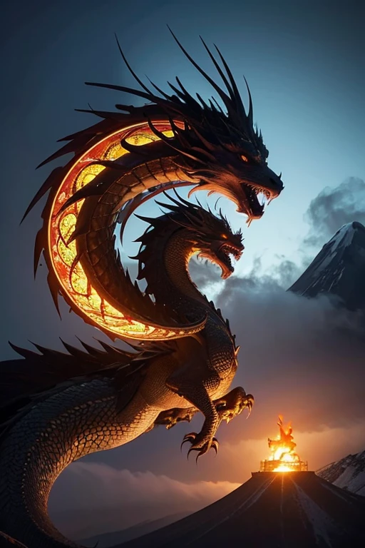 Dragon made of pure fire looking to the right, made of pure fire, facing to the right, close up, red dragon