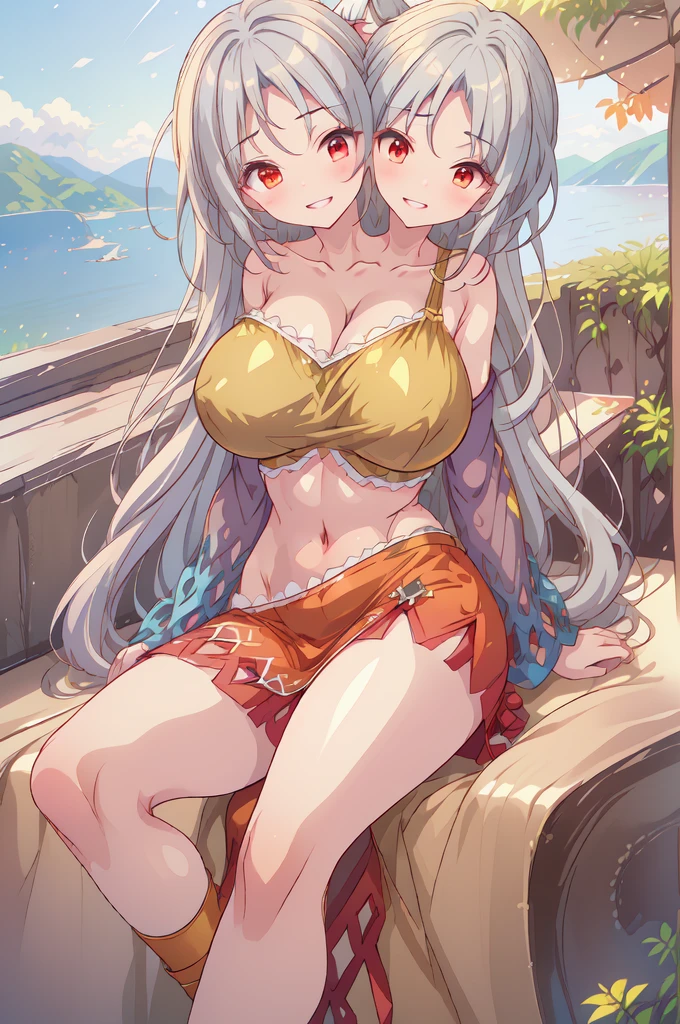 Anime Kawaii sexy Perfect Slim sensual body large breast and huge thighs, An intricate and highly detailed illustration of anime (Young girl). A bikini、girl in a hat,(masterpiece, best quality) detailed,silver accessories , Blonde ,elegant, Pointed ears ,Deep V one-piece swimsuit,Double tail,Waist-length hair,Smile,Star decoration,White lace socks,thorns,Rose,Vest line