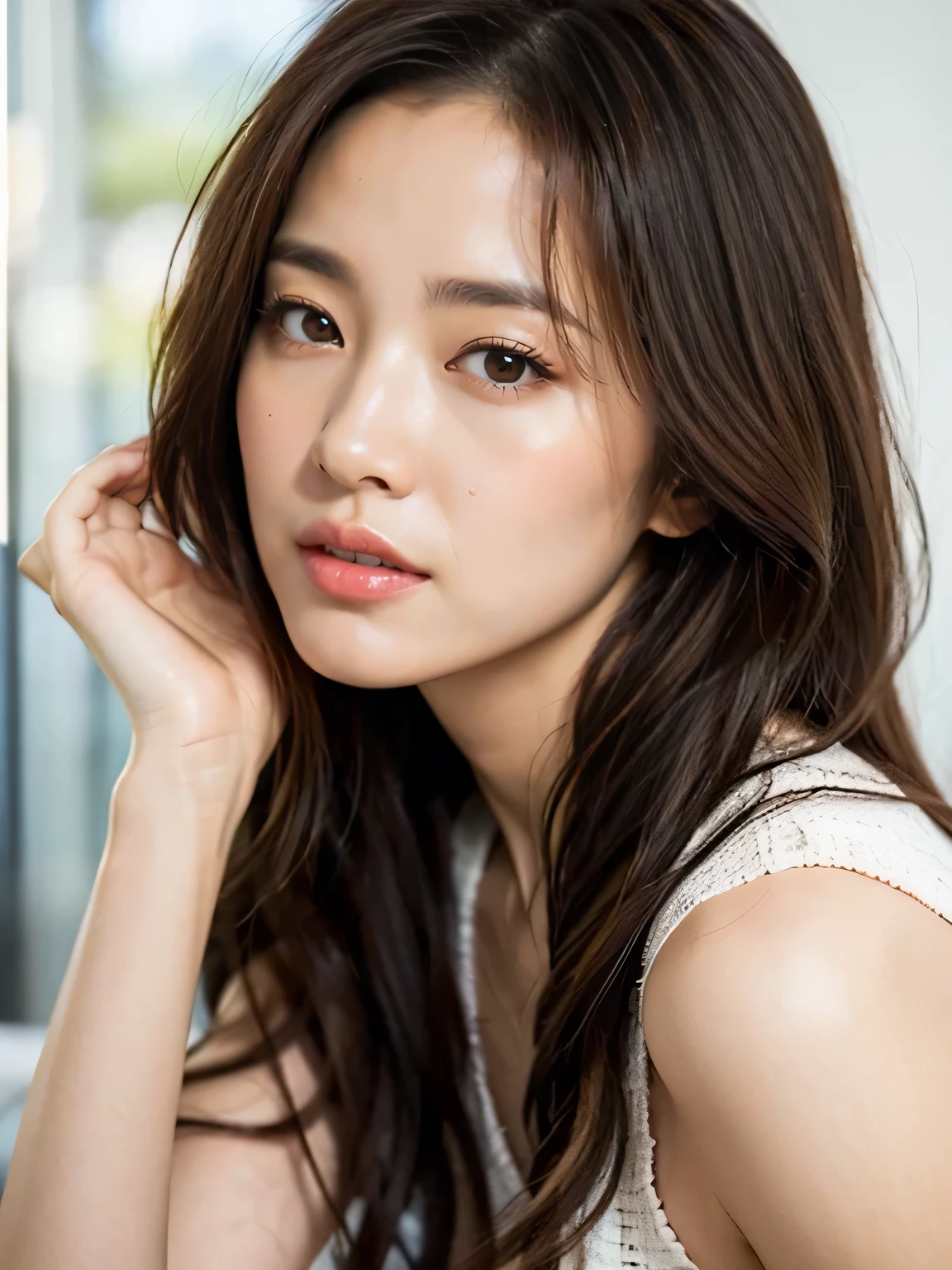 Dark brown hair、Light brown eyes、Japanese actress face、 Lady、I'I like him and I'I'I am about 40 years old.、(Intricate details:1.2)、(Which one is on top??:1.4)、 (Ultra-high resolution:1.2)、Ultra-high resolution、(Finely tuned)、(Detailed facial features)、Hmph、8K resolution、D cup size breasts、Long Hair、Los Angeles Shade Awnings Sun and Shade Awnings、relax、、,Full body photo、Head to toe shot、Beautiful legs、camisole、Denim pants、Blackpink Jenny I took this photo with the image of、Beautiful legs、she, Fashion Hub, Extreme Detail, Very detailed, Realistic, Hourglass-shaped body, Obscene pose,Leaning against a wall、Place your head against the wall and lift your chin slightly.......、Poses that make you feel weak、Are crying、Deep sorrow、My eyes and cheeks are wet with tears、
