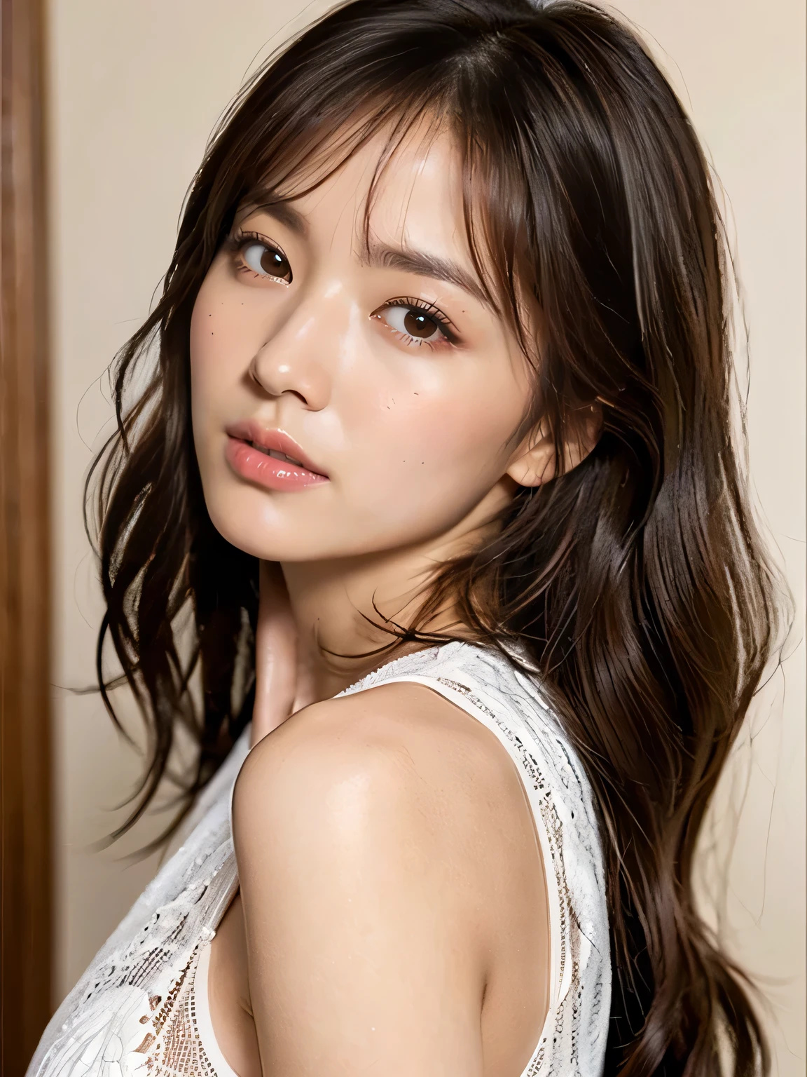 (super highest quality:1.3) (very realistic, Photoreal:1.3), (sharp focus:1.3) gentle smile see-through bangs (Realistic and very high quality:1.3). (High quality and high definition:1.3) table top, very delicate and beautiful, soft light, (brown hair, Shoulder-length straight hair sways in the wind), beautiful detailed girl, highly detailed eyes and face, beautifully detailed nose, fine and beautiful eyes, 1 girl, Japanese, pure beauty, cute, young, very stylish trend fashion , (medium breasts), realistic face, realistic body,