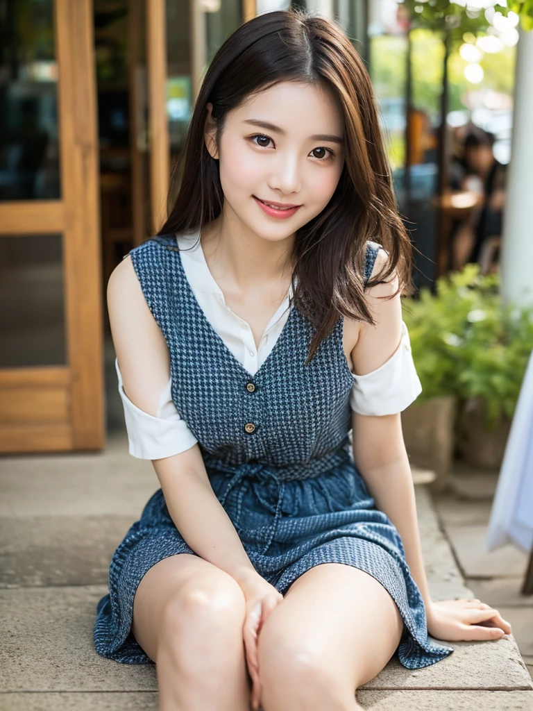 最high quality, 8K, Masseter area, Energetic, Clear focus, high quality, high resolution, Delicate face, Fine particles, thick lips, (Looking at the audience), Solitary, Beautiful woman, 38 years old, Plum, Black short hair, (Off-shoulder spaghetti strap printed dress:1.5), afternoon、In front of the park garden,(Sitting on a bench:1.5)、((Smile:1.5))、((Wearing black high heels))