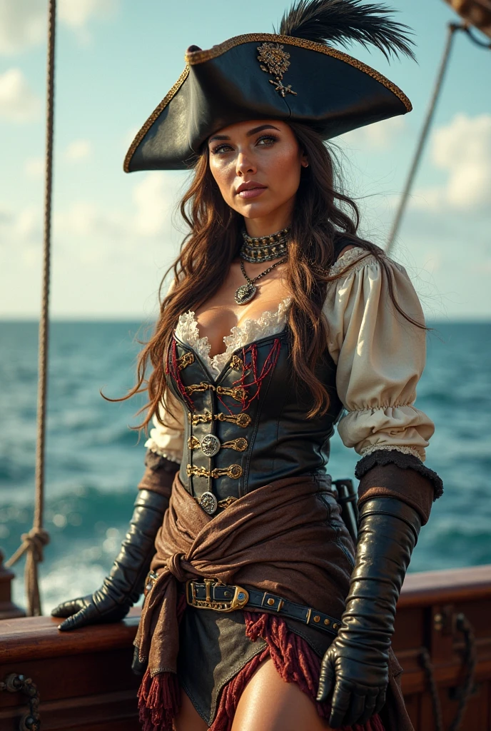 (masterpiece), best quality, expressive eyes, perfect face, (pirate ship background), (standing), (smirk), (closeup view), (1girl, Jennifer Lopez, dark skin, tanned skin, brown hair, wavy hairstyle, brown eyes, hourglass figure, thin body, skinny body,  body, small breasts, thick thighs, long fingernails, white blouse, loose fit, brown leather pants, brown boots, small pirate hat, brown leather trench coat, sheathed cutlass sword, flintlock pistol in holster, hoop earrings, miscellaneous jewelry)