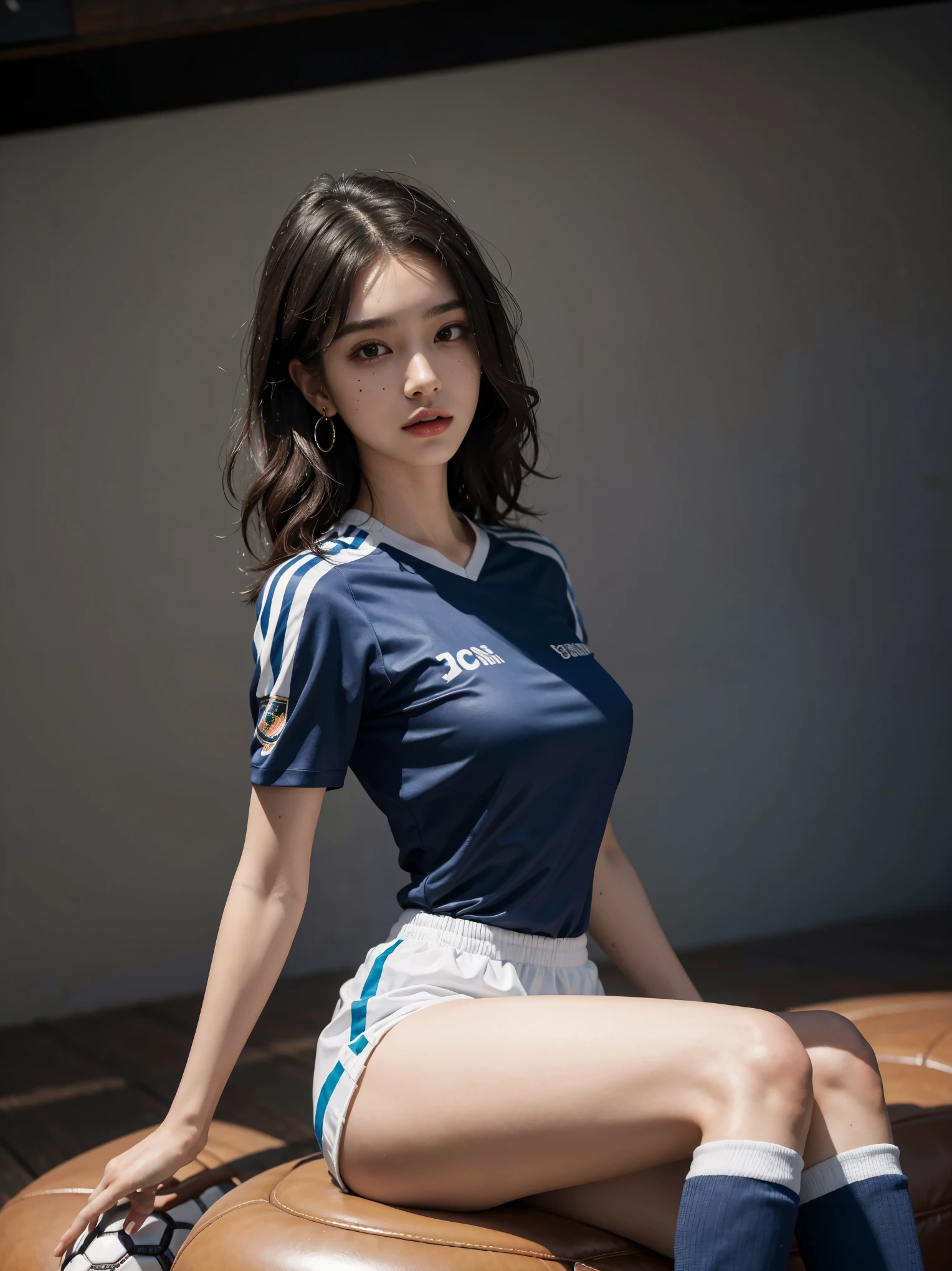 absurdres, RAW photo, extremely delicate and beautiful, masterpiece, Best Quality, ultra high resolution, 32k, hyperrealistic, ultra-detailed, perfect anatomy, anatomically correct, perfect figure, super Detailed skin, pale skin, 20 years old, very Slim body, narrow waist, very small head, very small face, delicate facial features, detailed face, detailed eyes, tearful mole, earring, thin legs, bare legs, ((very huge round breasts)), short medium hair, ((wavy hair)), full body shot, alone, (((volleyball Jersey))), shorts, midriff,