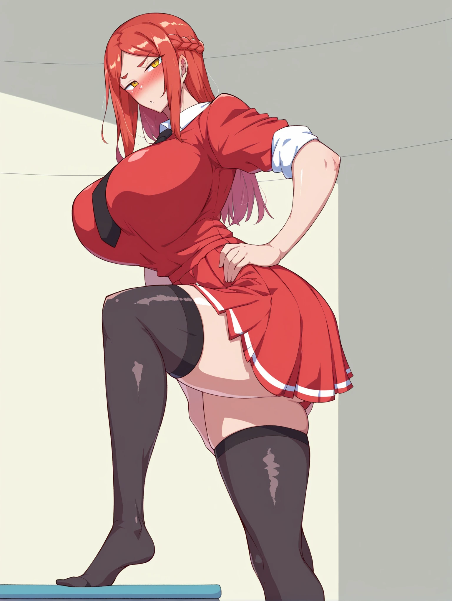 1womanl,Brown hair,Red ribbons ,((Impatient expression)),Beautiful breasts,White shirt,Red dress,well-styled,,(Facing the front)(((Blushing cheeks、embarassed expression)))、The wind almost makes my skirt flip up