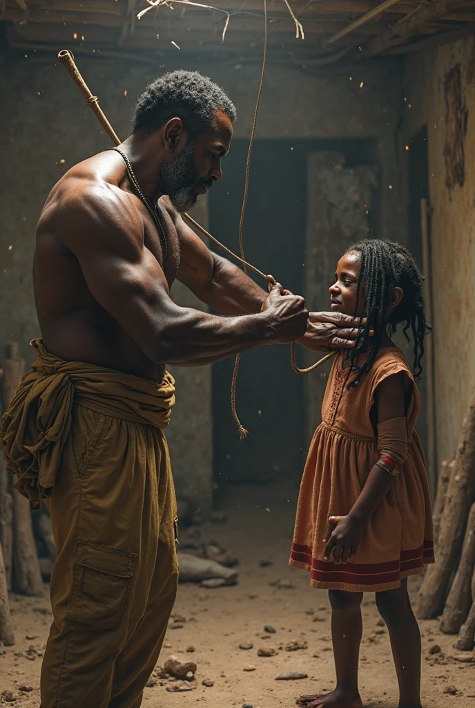 A portrait of an African man lashing his young son