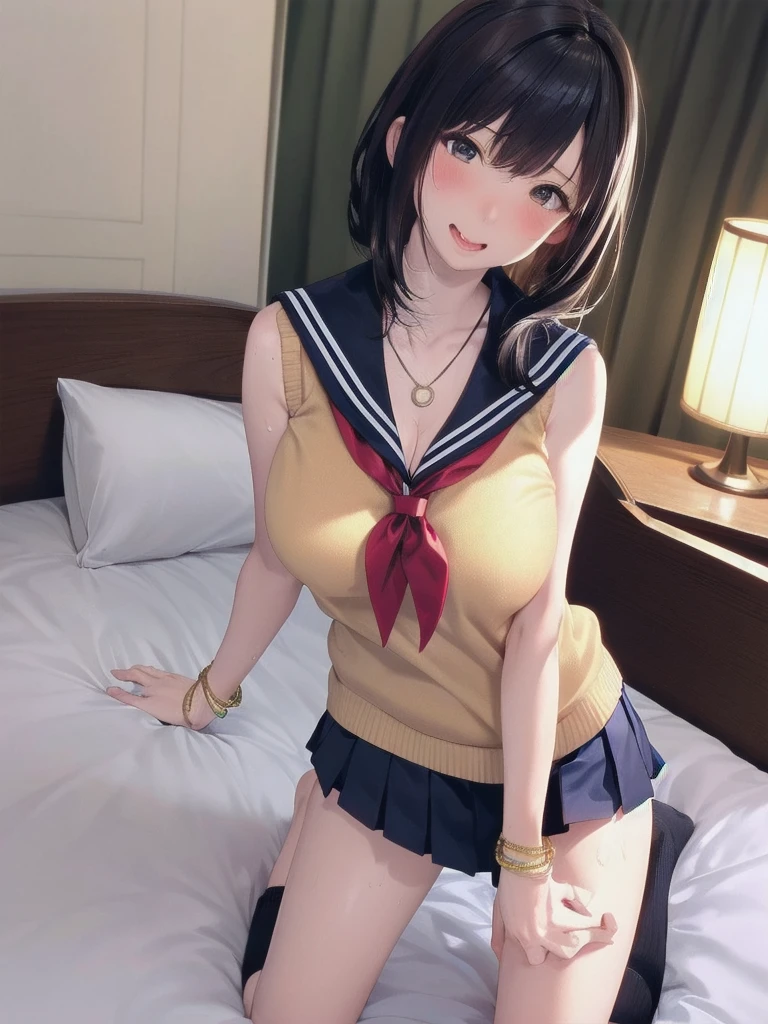 (8k, Super RAW photo, best quality, masterpiece, soft cinematic lighting, soft color:1.4),(from above:1.6),( POV,looking  at viewer:1.7),(detaileds beautiful eyes focus,Close-up beautiful eyes:1.6),(realistic), (dark room,Lots of used condoms around :1.７), (solo, mature woman,19years old,super beautiful face,super detaild beautiful eyes :1.5), {sailor uniform:1.1),(show off nipple:0.5),low-cut miniskirt,sheer :1.3}, (embarrassed,red Cheeks:1.25), clean skin, (smaller butt:0.5),(coverd nipple:0.8),(sagging huge long wide heavy breasts:1.5),(under boob:1.8), (thick, curvy:1.35),(1boy,sex,open leg:1.5),(open mouth:1.2),(arms behind back:0.8),(sitting,on side:1.7),