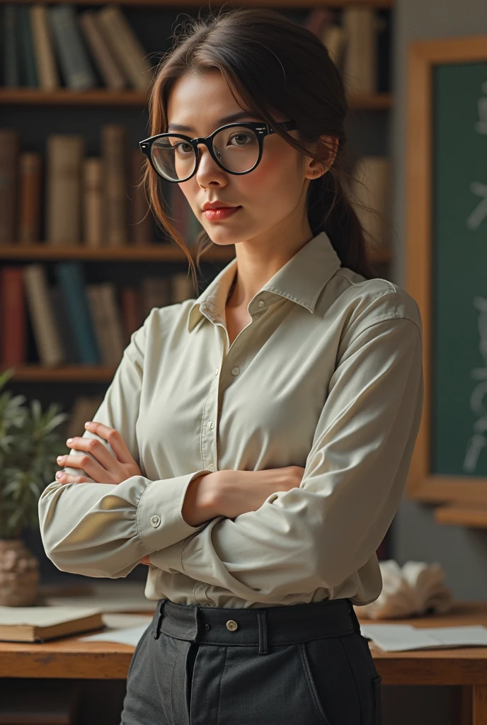 a 23 year old Norwegian librarian stands between bookshelves,looking at the viewer seductively,white button up shirt,black skirt,reading glasses,Ultra-HD-details,RAW candid cinema,16mm,color graded portra 400 film,remarkable color,ultra realistic,textured skin,remarkable detailed pupils,realistic dull skin noise,visible skin detail,skin fuzz,dry skin,shot with cinematic camera