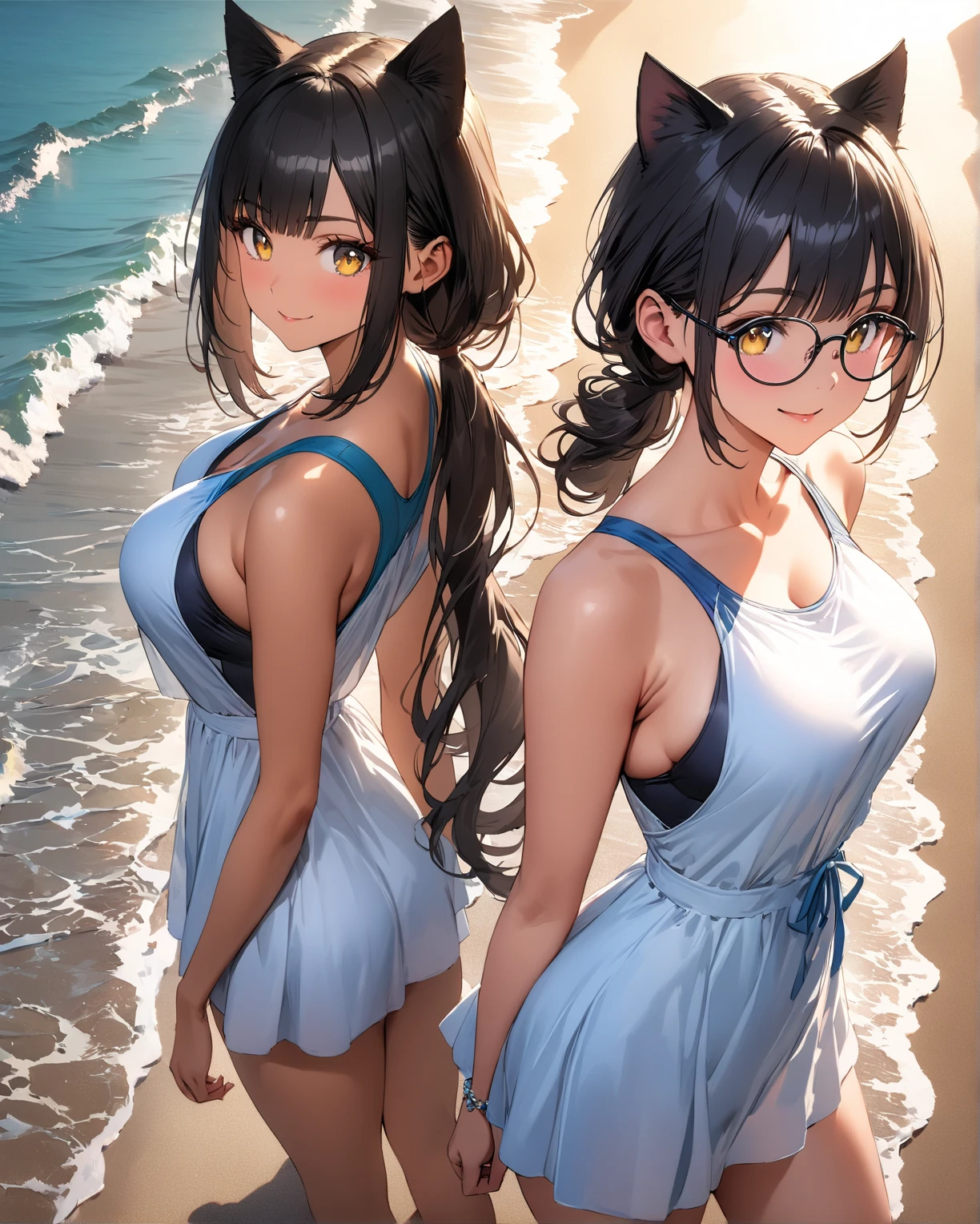(masterpiece: 1.2, best quality), (finely detailed beautiful eyes: 1.2), a girl with twintail, brown eyes, with an open black nightgown in front and no bra, beach, water, large breasts, age 20, black hair,