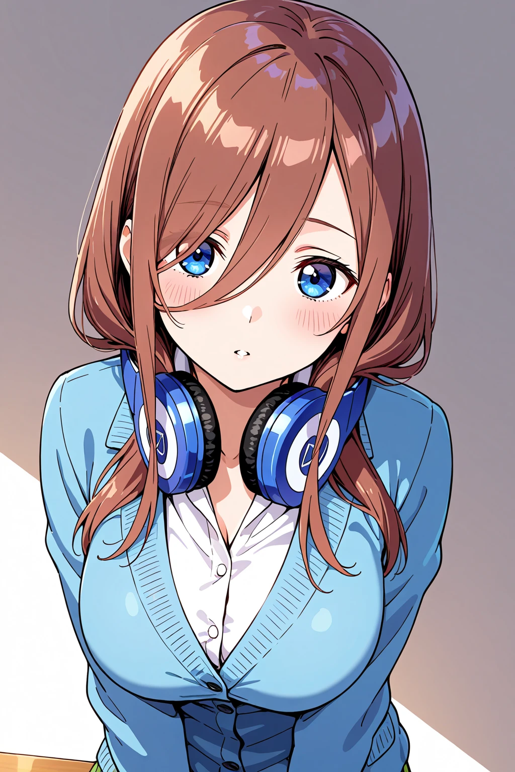 absurdres, best quality, 1girl, solo, eye focus, looking at viewer, Miku, Blue Cardigan, brown hair
