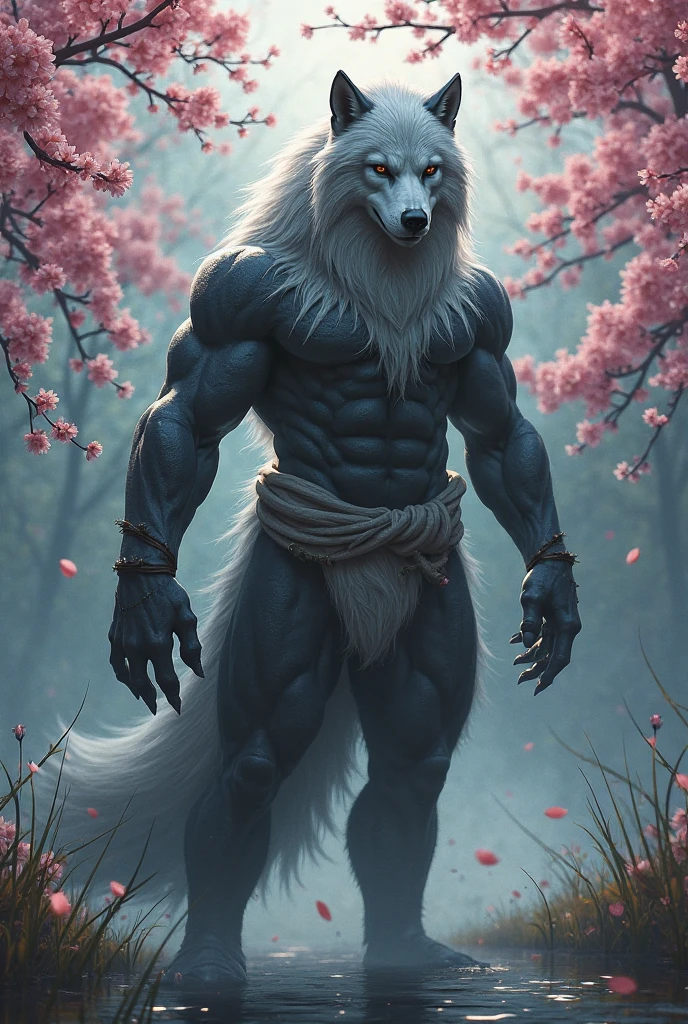 A striking image of a male wolf with a muscular build and thick legs, shiny white long hair, Wearing a white Japanese loincloth and with an erect crotch,The subject stands confidently, born々exudes power and control, The alluring atmosphere of naked bodies、It adds an interesting layer of vulnerability.。, Cherry blossoms blooming in the moonlight
