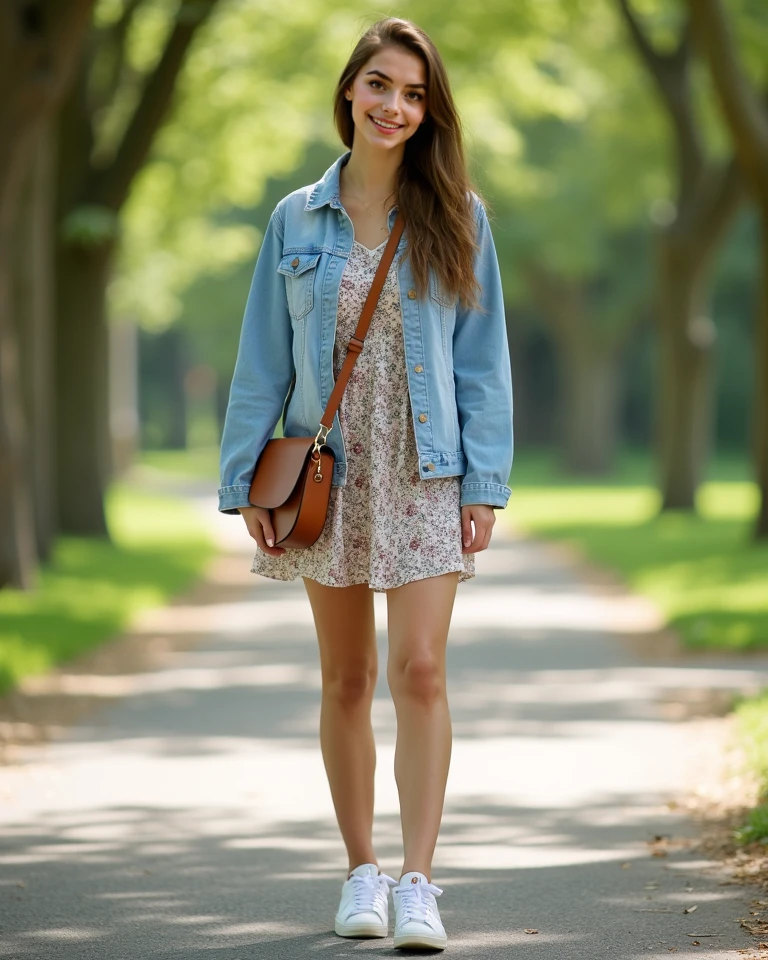 16 year old pre-teen, Finnish, blonde, long hair, small breasts, big eyes, long legs, Close-up on thighs, beige dress, (pantyhose 1.34), high heels, backpack, park background, crossing a wooden bridge on lake, Trees, cherry blossom, sunrise, light through fabric, (realistic, photorealistic: 1.37), specular light, ray tracing, HDR
