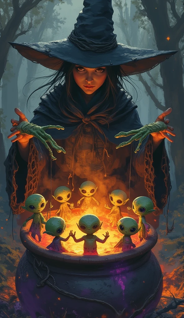 A witch, she is a skeleton but her skin is translucent. Bright green if the skeleton is possible to see and her skull has Mexican paintings like the Mexican skulls. She is wearing a complete witch costume being a black dress tied with a red rope. She has a son with several Magic Potions, a necklace of animal bones, black gloves, witch shoes, a witch hat that has a scary face. She has red hair. She is in a forest using her magic to kill several vampires. The image has to be in anime.