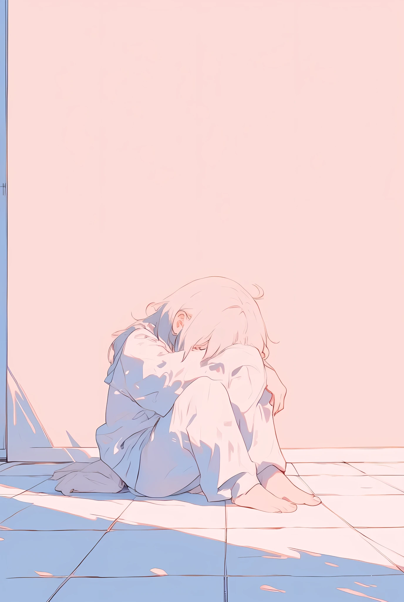 Cozy vibes and pastel pop art anime style of a person sitting on a tiled floor with their knees drawn up to their chest, arms wrapped around their legs in a self-hug. They are barefoot and dressed in soft pastel-colored long-sleeved shirt and loose pants. The background shows a minimalist indoor space with a plain pastel wall and a softly shaded door, evoking a sense of quiet solitude. The color palette is gentle, with muted pinks, blues, and warm grays, adding a dreamy, emotional quality. The lighting is diffused and comforting, with soft shadows enhancing the contemplative, introspective mood. The linework is clean and expressive in a modern pastel anime pop-art style