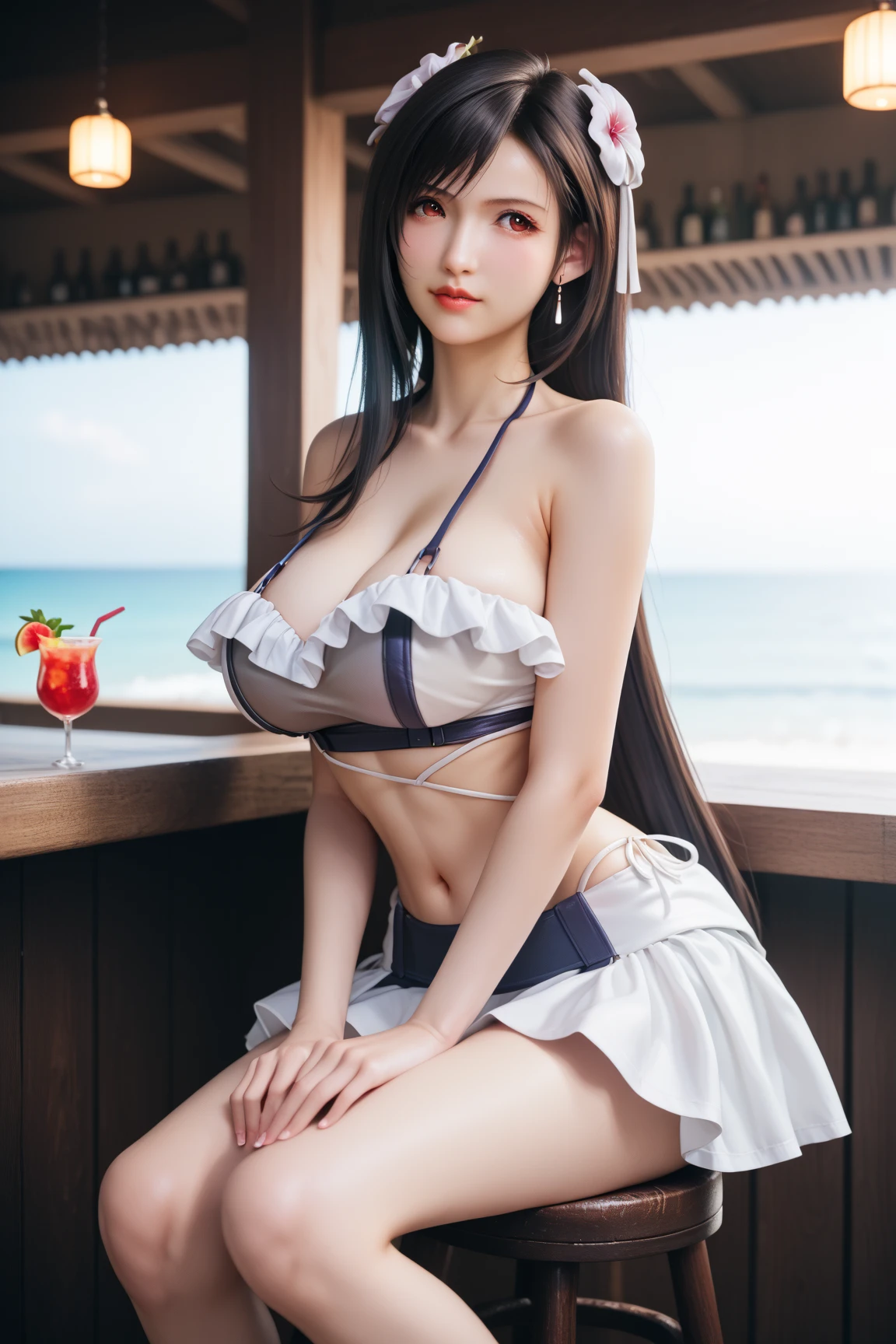 long hair, black hair, medium breast, slim legs, happy, white gown, cleavage, arabian belly dancer , skirt, rin tohsaka, twin tail, navel, garden, night, sitting