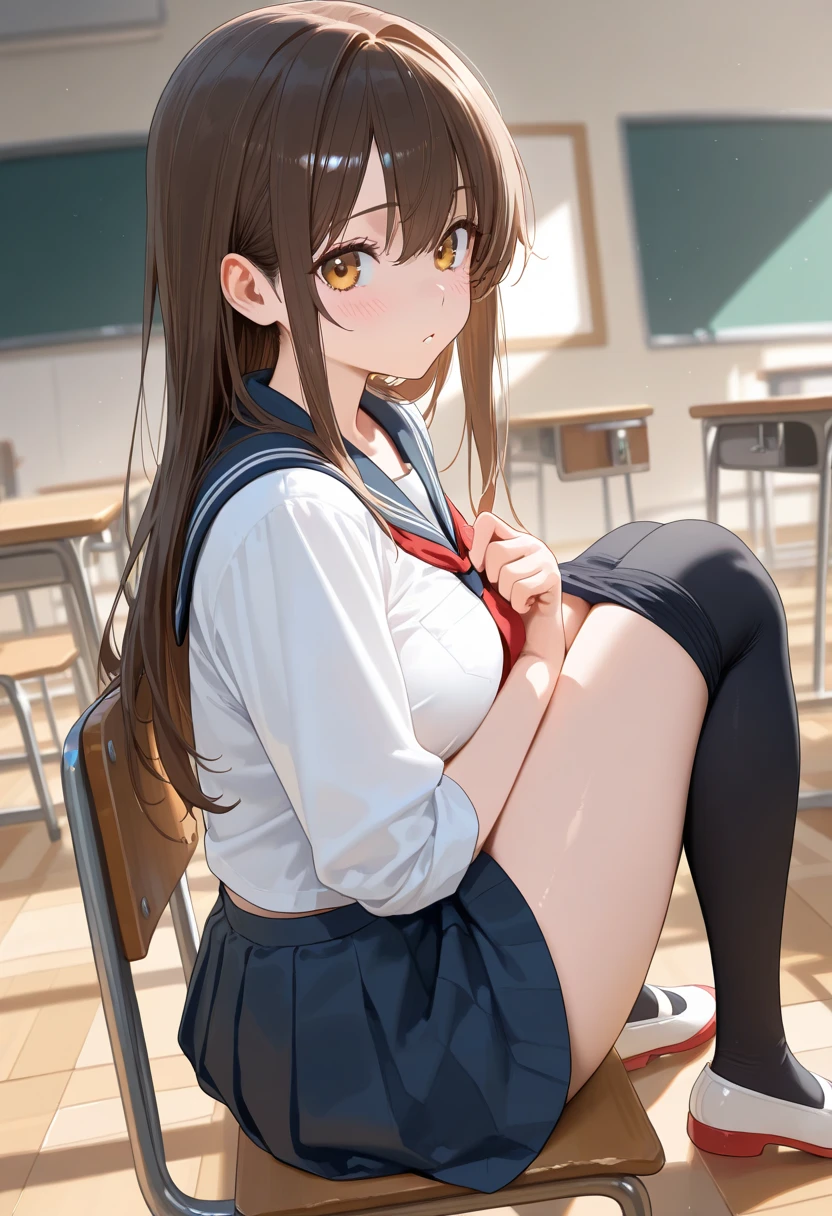 top-quality、A high resolution、ultra - detailed、tmasterpiece、RAW photography:2、hentail realism:2、Photorealsitic:2、Extremely Delicately Beautiful、finedetail、Textured skin、1girl in、jpn、 (Solo)、(Shoot upwards in the chest)、18-year-old schoolgirl、(Sit in a school chair by the window)、She's looking at this、Sunset falls、(Super beautiful girl:1.5)、(A detailed face)、adult face、Bare legs、Brown hair、(school uniform)、high-school、crass room、School desks and chairs，Lace skirt，pantiess，lacepantyhose，leg wide open，showing off panties，the setting sun，It can't be，choker necklace