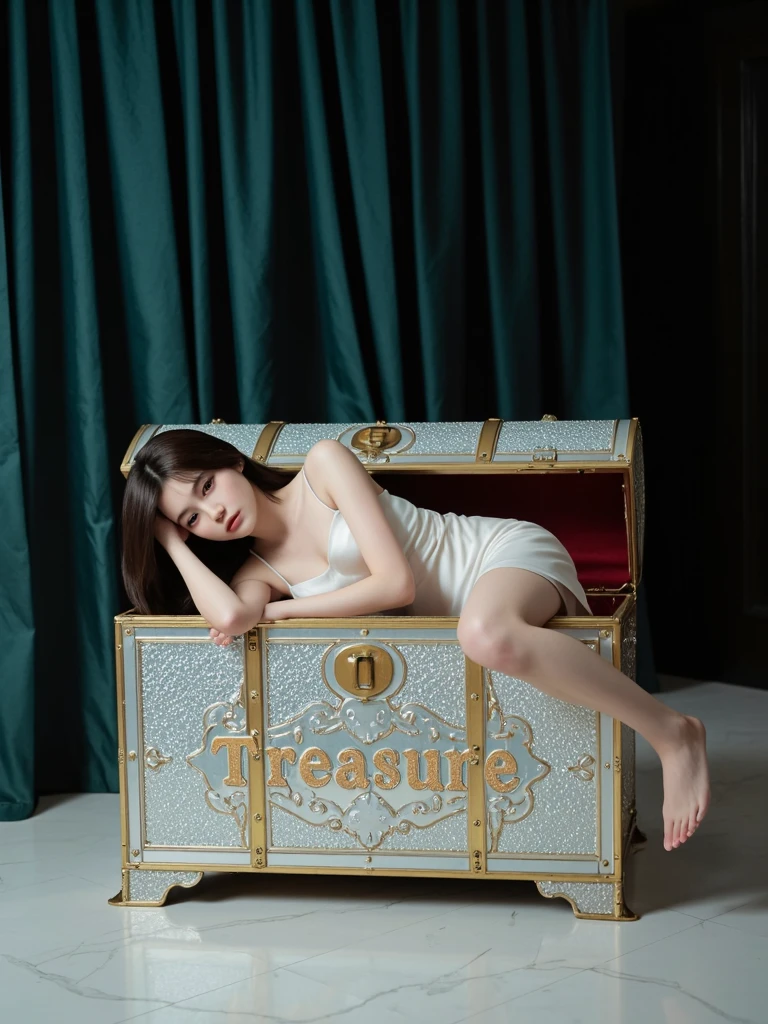 Naked zombie girl in the coffin in a cemetery