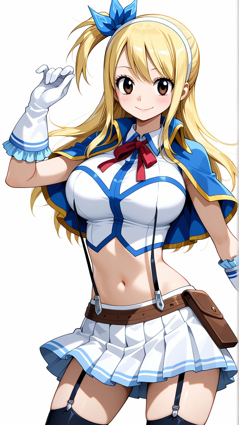 gold boots, angel wings, wings, white serafuku, navel, skirt, blue skirt, sunny weather, (school background), astraea, anime cels style, best quality, high resolution, 1girl, (huge breasts:1.2), beautiful face, blonde hair, long hair, (red eyes:1.5), cowboy shot, smiling