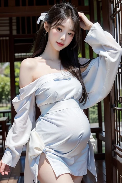 pregnant woman in white dress posing for a picture in the woods, beautiful south korean woman, korean woman, white hanfu, gorgeous young korean woman, palace ， a girl in hanfu, gorgeous chinese model, korean girl, beautiful young korean woman, inspired by Yun Du-seo, with acient chinese clothes, a beautiful woman in white, traditional beauty, lovely woman
