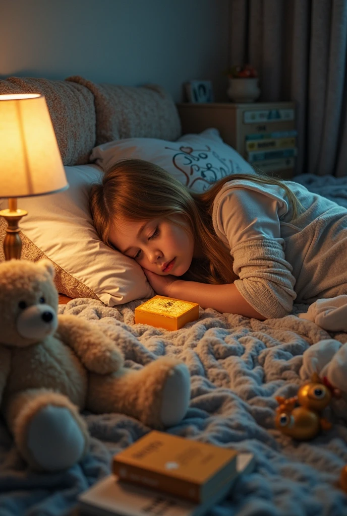 There is a teddy bear lying on the bed, Night Light, Soft warm light,  Warm Mood,  Warm dim lighting, Beautiful soft light, Beautiful and lovely lighting, Warm ambient light,