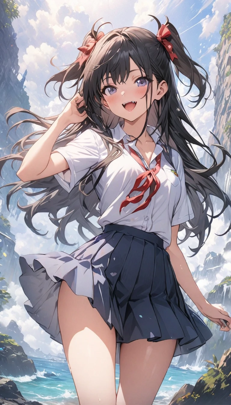 Strong winds、A high school girl desperately holds down her skirt、loose skirt、blush、The wind blows up my skirt、Skirt Fuwari、Low - Angle