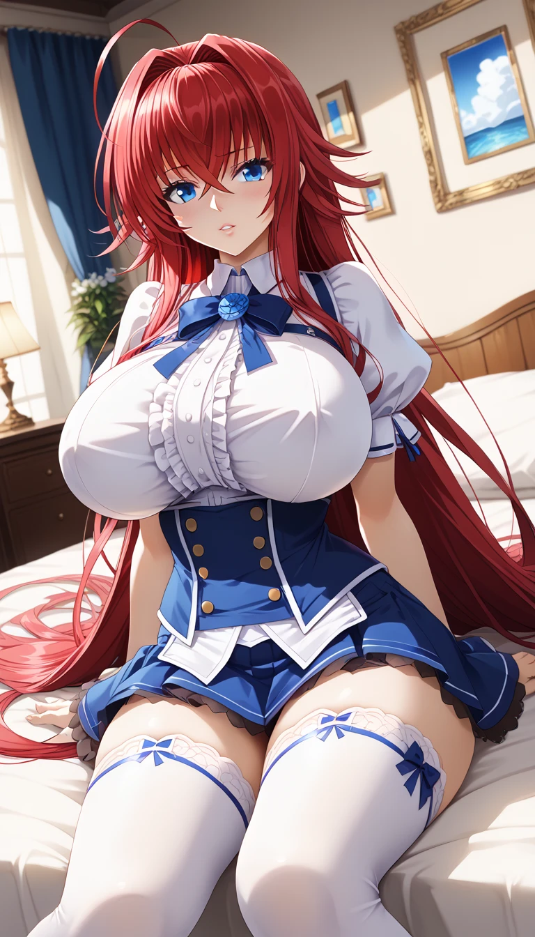 1woman, ((princess dress)), in medieval castle, ((dark blue long puffy rococo dress, full length hoop skirt, princess tiara, many ruffles, frilly)), (hair in ponytail, long wavy orange hair), (Blue eyes), sharp outline, a matural female, 30 year old, {{{Best Quality}}}, {{{masterpiece}}}, {{intricate details}}, {{ultra detailed}}, ((((hourglass figure)))), (((huge boobs))), tiny waist, six pack abs, wide hips, fit hourglass body, super sexy pose, legs spread, (bigger boobs:1.4), orange hair, big smiling expression, blushing, flirty, ((busty breasts)), boobs overflowing out of top, cleavage, more underboob, (((focus on woman))), many detailed ruffles, puffy dress bottom, tiered dress, dynamic angle, bulky hoop skirt, ultra-detailed 4k, ((high resolution image)), big puffy dress, ((((laying all the way down on bed)))), in castle bedroom, ((view from above)), boobs squished together