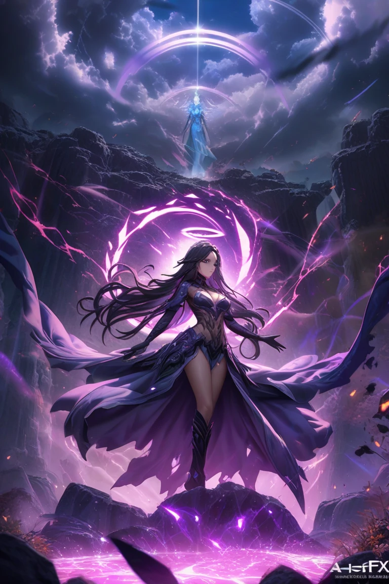 a female assassin in a dark fantasy setting, with long flowing hair in shades of black and purple, Tattood on the face, piercing blue, wearing a sleek black leather outfit , including dragon scales tattoos on her arms,Wearing a pair of pointed long leather boots. She stands in a dimly underground chamber, holding a curved daggers , The scene is illuminated with flickering lightning, casting shadows and enhancing the suspenseful atmosphere. The image is of the highest quality, with extreme attention to detail , showcasing the artist's technical expertise and mastery of light and shadow. The art style is realistic yet with a touch of fantasy.