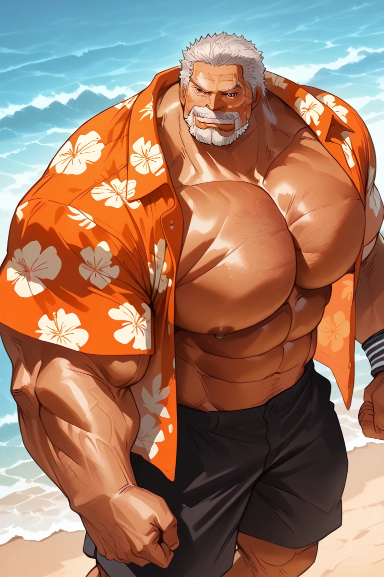 anime, manly, low angle, closeup, hairy chest, Bara, laughing, looking at viewer, expressive, legs spread, bulge, sitting in beach chair, closeup, (buzzcut, goatee, gray eyes, open patterned hawaiian shirt), smirk, swimming trunks, sandals, leaning back, cord bracelet, beach, chill atmosphere, night, starry sky,